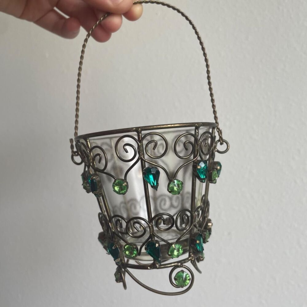 VINTAGE JEWELED FILIGREE HANGING CANDLE HOLDER